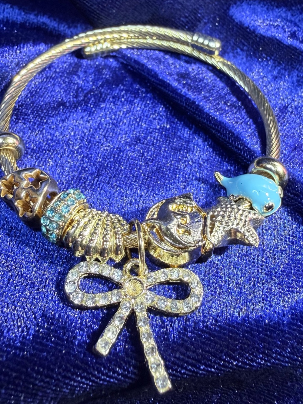 New Charm Bracelet Bangle Easy On Adjustable with Blue Dolphin and Crystal Bow